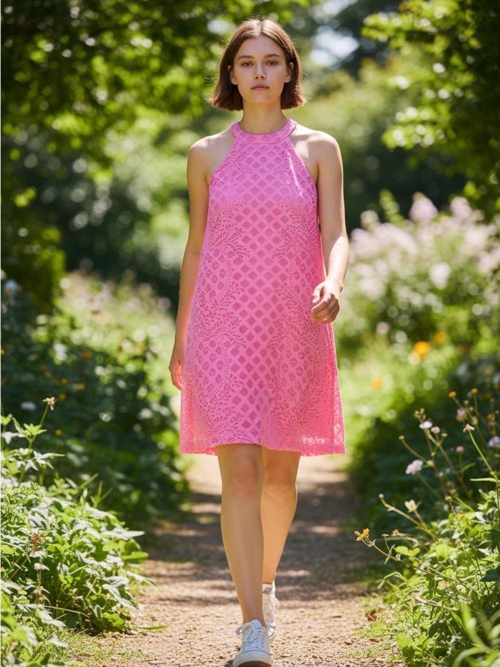 Lilly Pulitzer Hot Pink Halter Sleeveless Crochet Lace Beachy Dress Lined Sz S